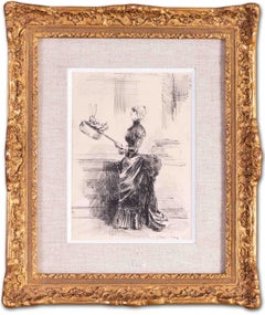 19th Century French drawing a lady with a rabbit by French artist Henry Somm