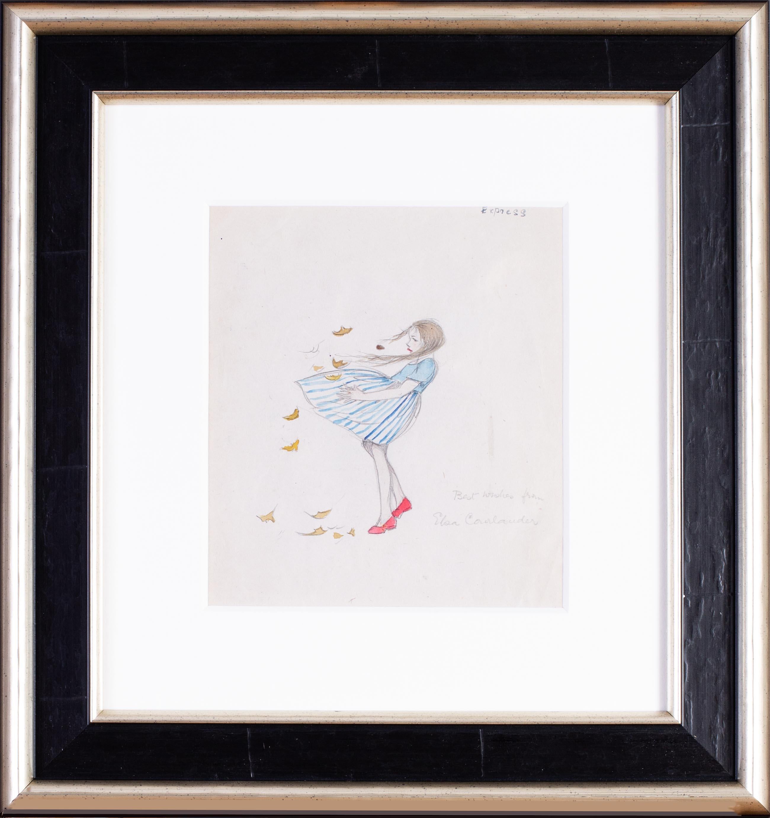 A 1930s drawing of a young girl in a blustery windy day with autumn leaves