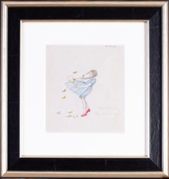 A 1930s drawing of a young girl in a blustery windy day with autumn leaves