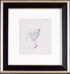 A 1930s drawing of a young girl in a blustery windy day with autumn leaves