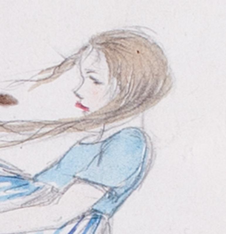A 1930s drawing of a young girl in a blustery windy day with autumn leaves - Art by Elsa Carlander