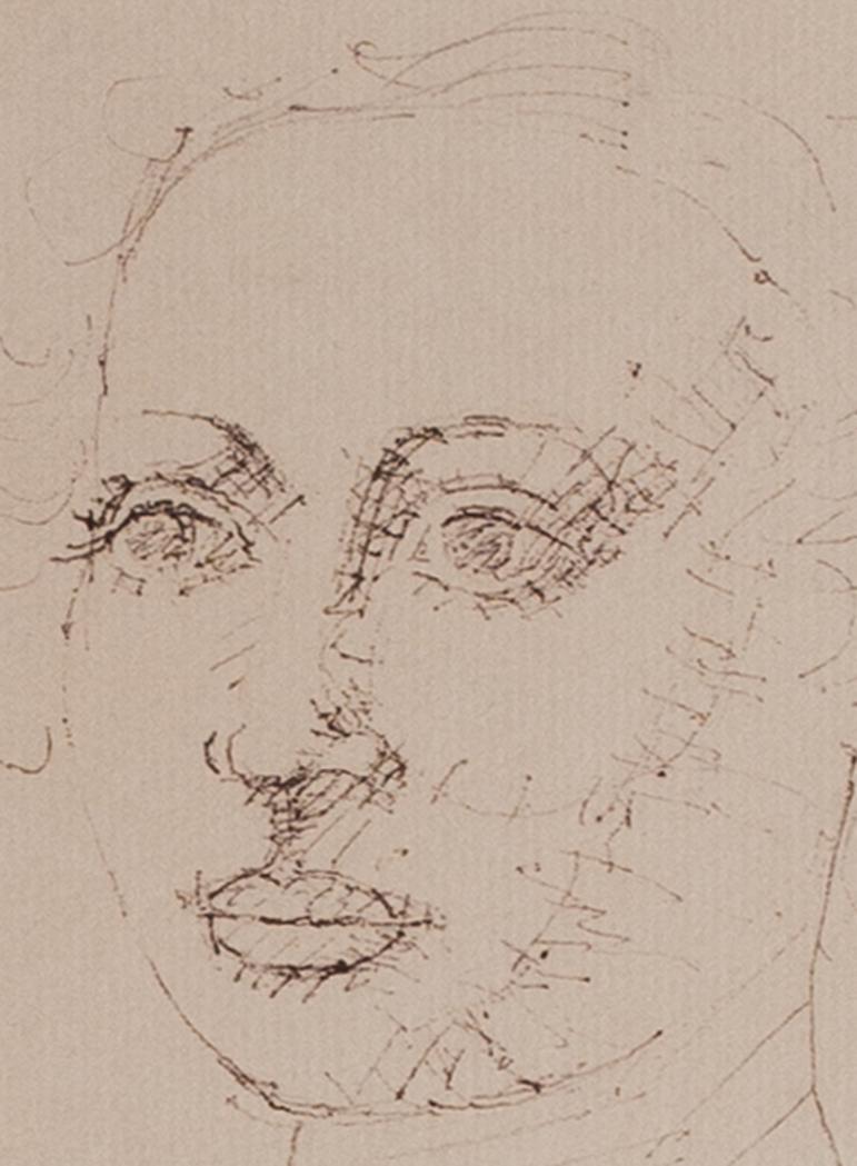 Dora Maar (Henriette Theodora Markovitch) (French, 1907 – 1997)
Portrait of Lily Masson
Pen on paper
Signed and inscribed ‘Pour Lili / Son Amie Dora Maar’
9.3/4 x 9in. (24.8 x 22.8 cm.)

This drawing was executed as a personal gift for Lily Masson,