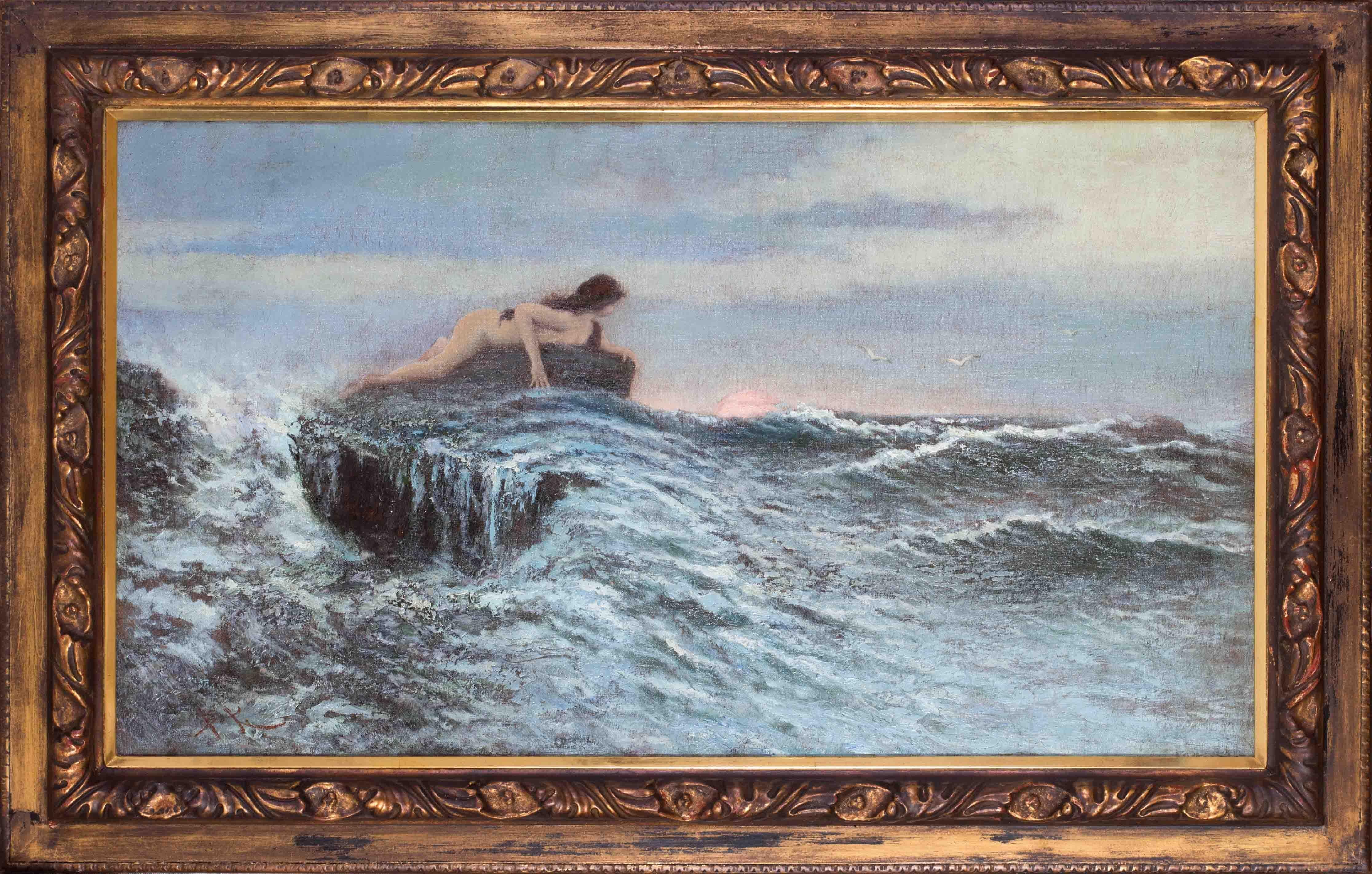 Benes Benedikt Knupfer  Figurative Painting - Czech 19th Century oil painting of a mermaid on some rock by  Knupfer