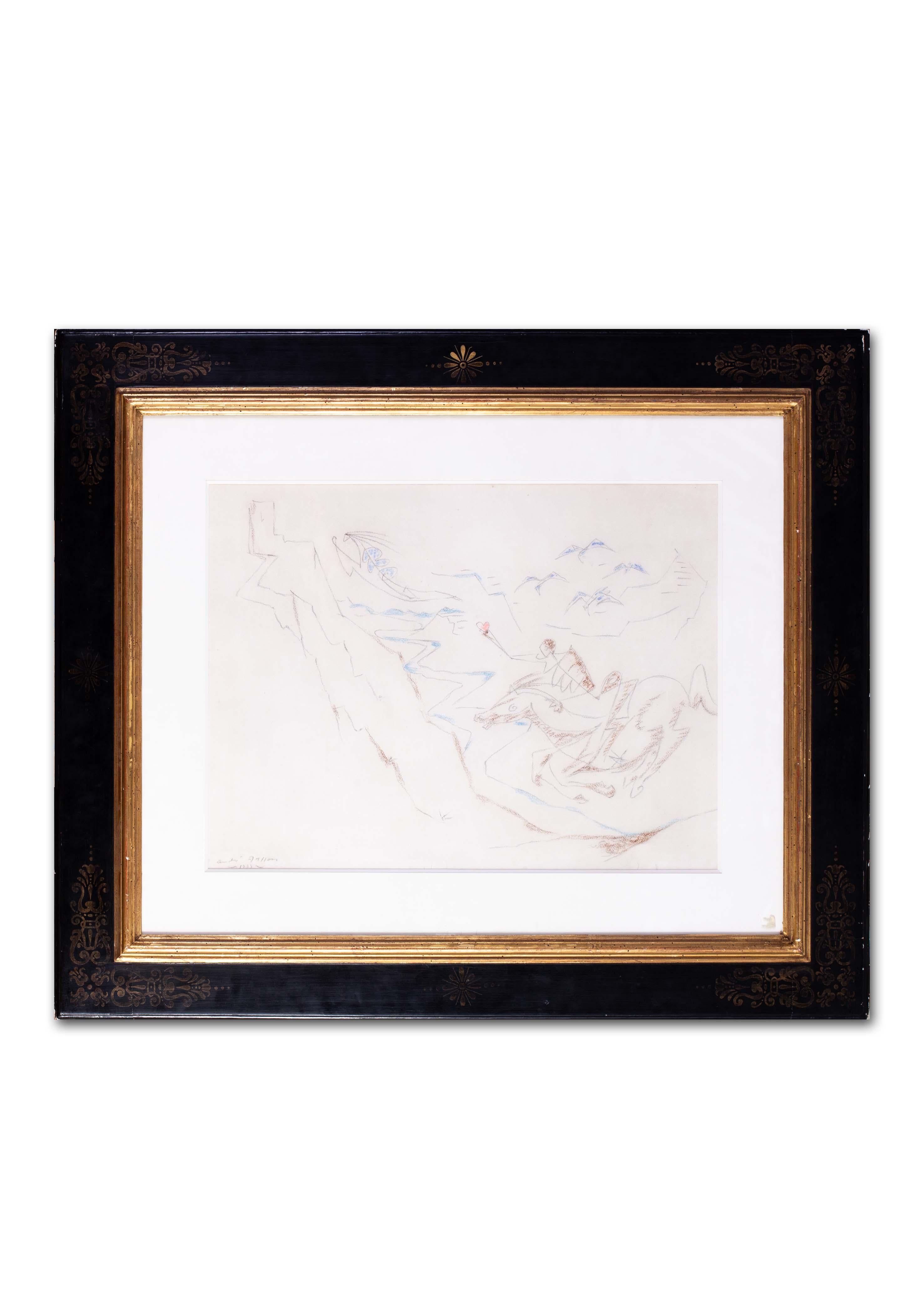 Andre Masson (French, 1896 – 1987)
Le Cavalier Amoureux
Pastel on paper
Signed and dated ‘Andre Masson, 1933’
17.1/2 x 23.3/8 in. (44.5 x 59.2 cm.)
Frame measurements: 80 x 95cm.

Provenance: Galerie Moderne,  Brussels, 13th October 2020

André