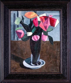 French 20th Century Cubist oil painting of a Vase of flowers by Duffour