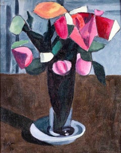 French 20th Century Cubist oil painting of a Vase of flowers by Duffour