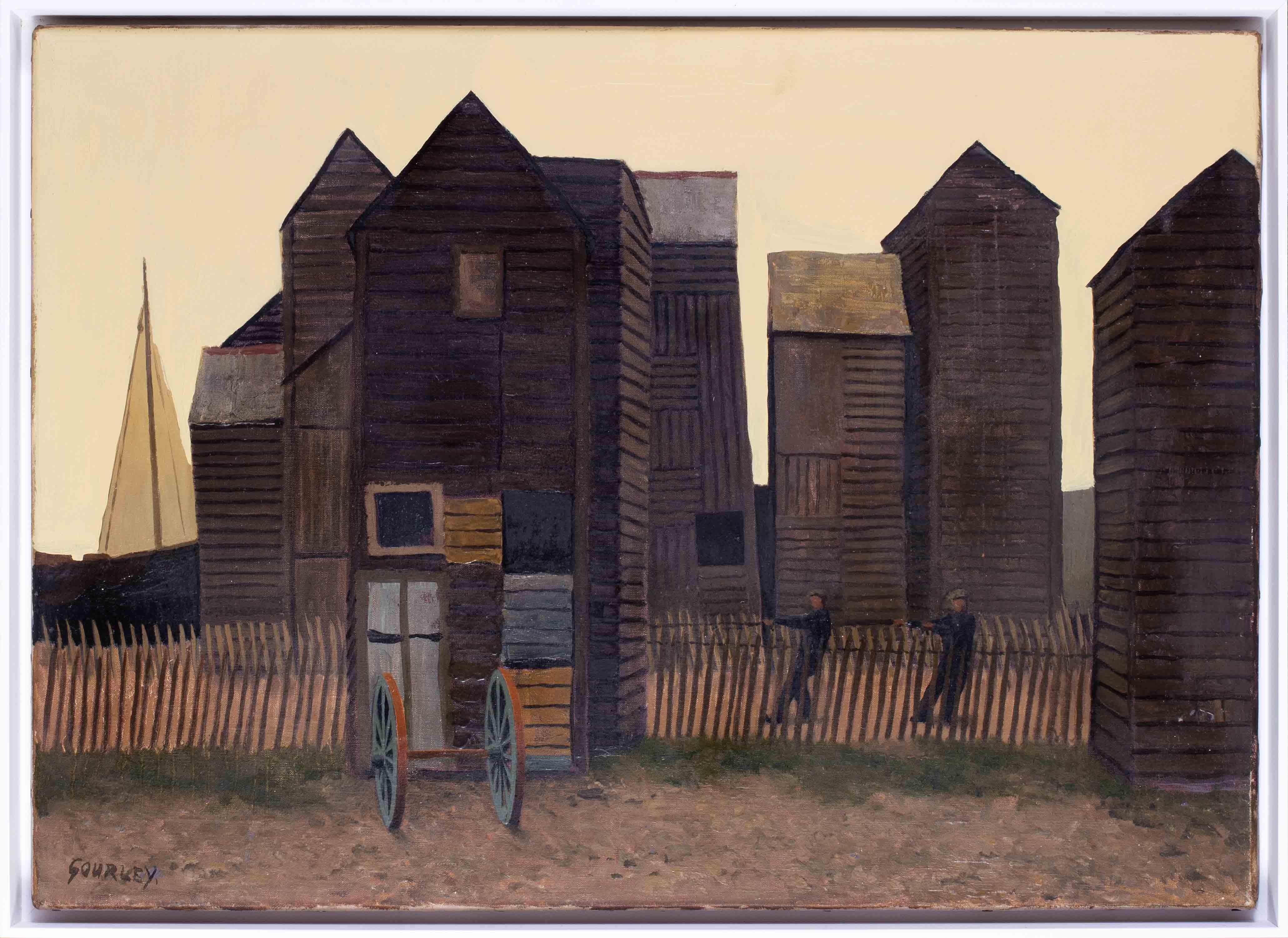 Alan Stenhouse Gourley Figurative Painting - British 20th Century oil painting of fisher huts at Hastings, Kent