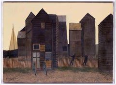 British 20th Century oil painting of fisher huts at Hastings, Kent