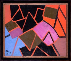 Used Belgian 20th Century abstract painting with strong reds and black zigzag lines