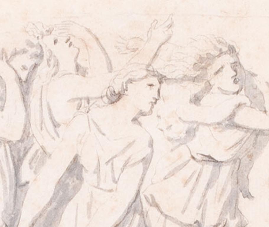 Jacques-Louis David (French, 1748 – 1825)
THE YOUNG ATHENIANS DELIVERED TO MINOS
Pen and ink and pencil
Inscribed ‘androgena poenas exolvene Cadis acropide justi’ (lower edge), and inscribed with the initials of his sons (lower left)
6.3/4 x 12.1/2