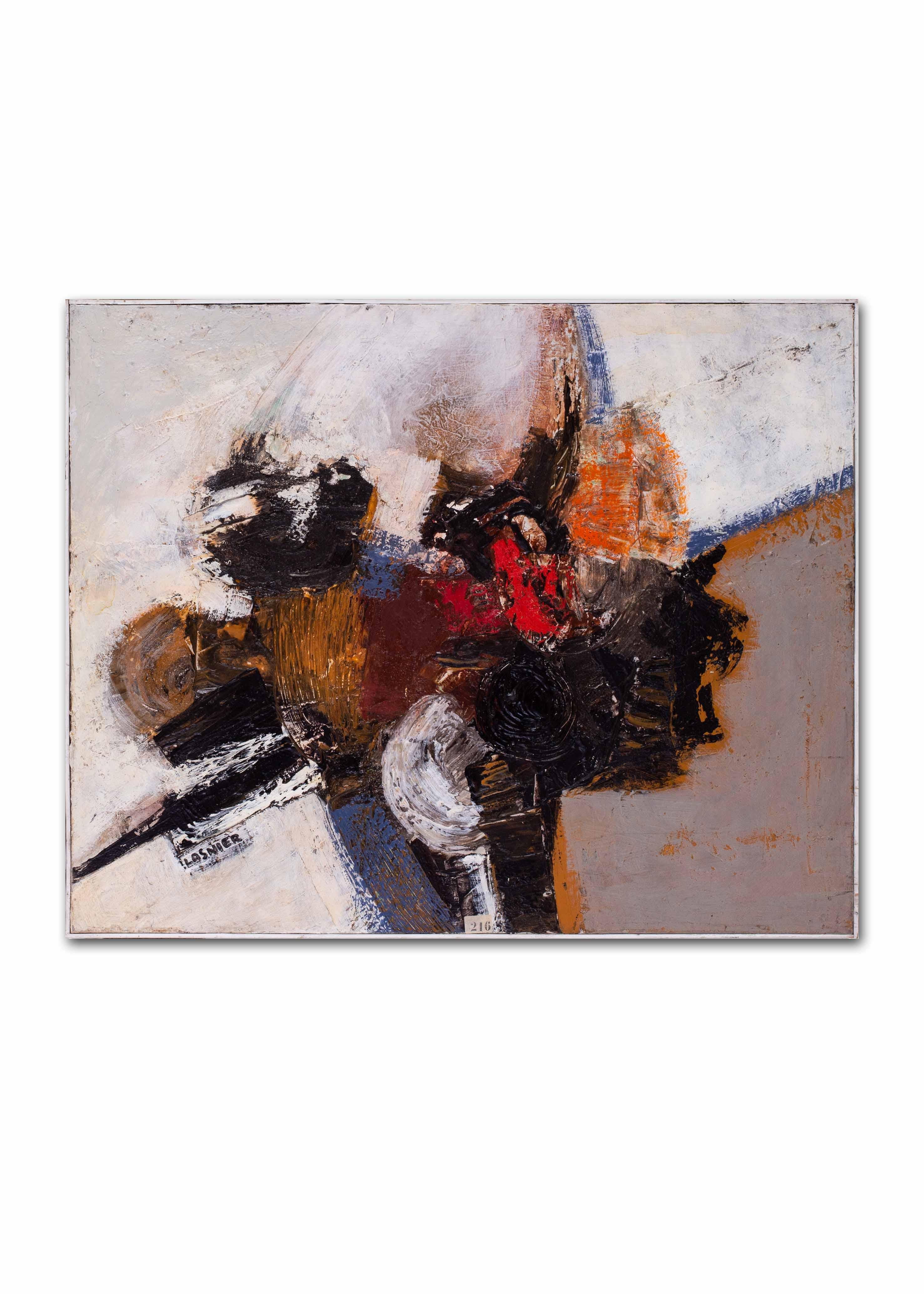 Huile sur toile abstraite française du milieu du siècle dernier de Jean Maurice Lasnier - Marron Abstract Painting par Jean Maurice Lasnier 