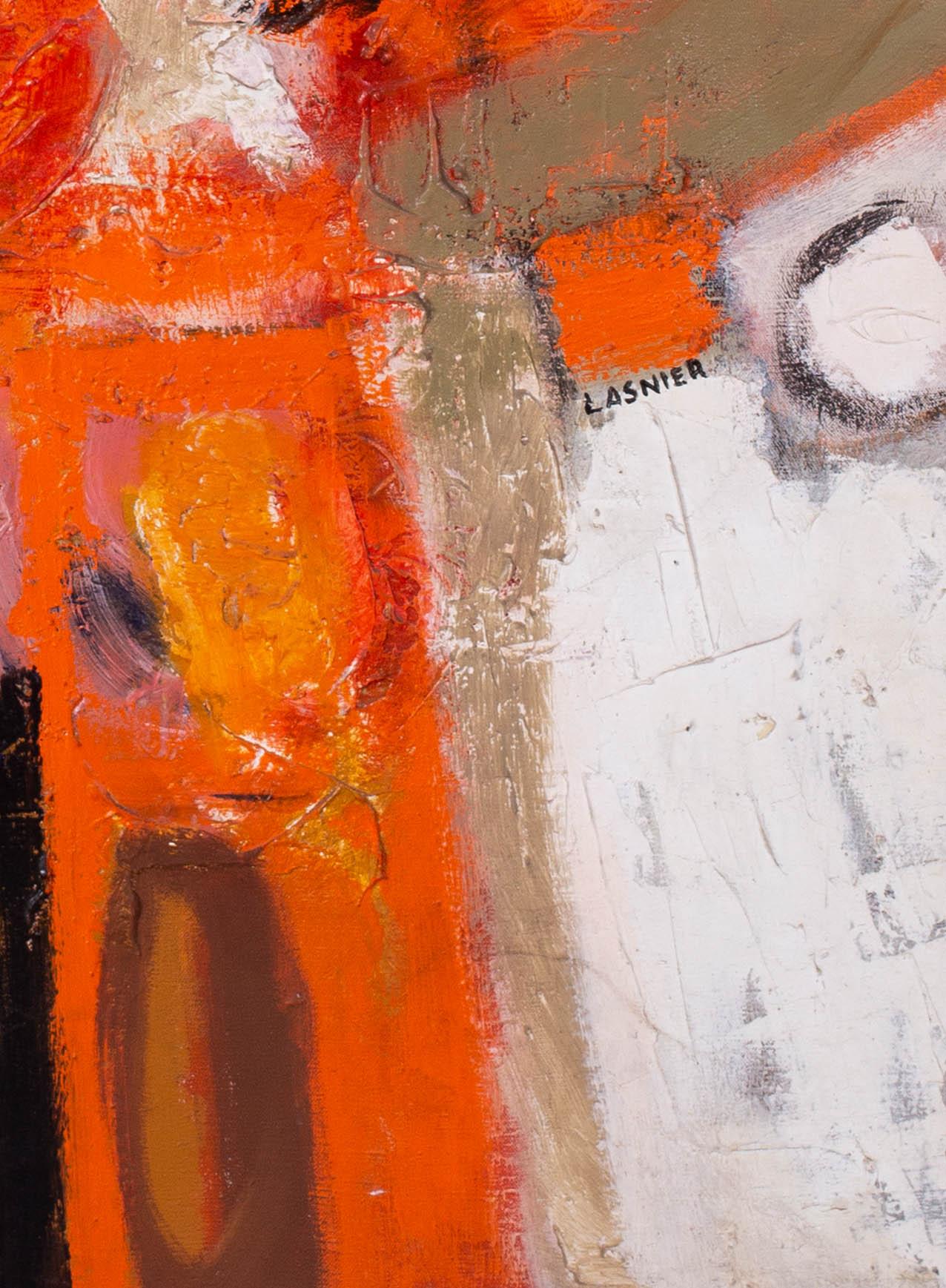 Une grande peinture à l'huile abstraite française de Jean Maurice Lasnier - Orange Abstract Painting par Jean Maurice Lasnier 