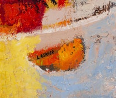 A large French 1970s abstract oil painting in orange hues by Jean Maurice Lasnie