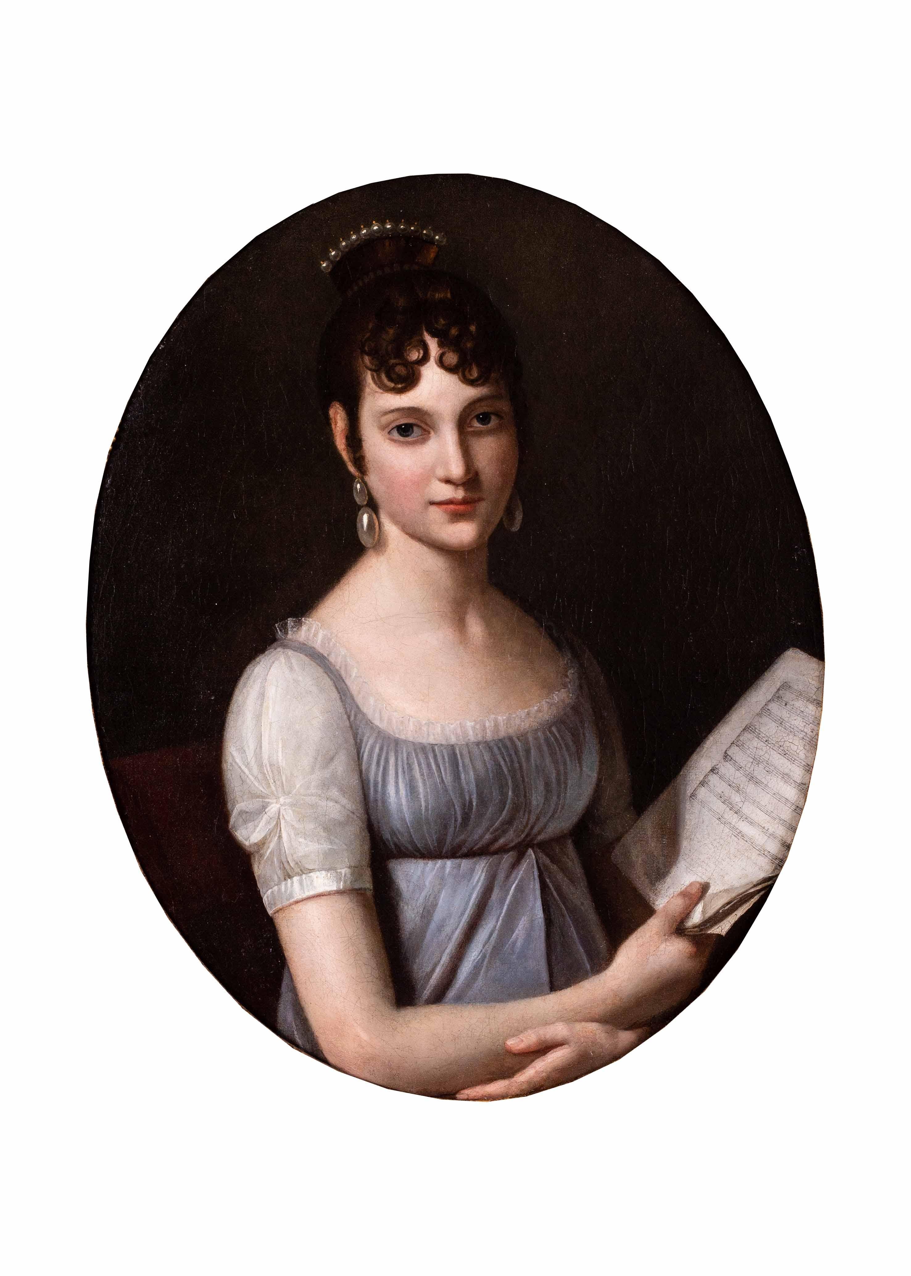 Attribué à Pierre Paul Prud'hon (français, 1758-1823)
la belle musicienne
Huile sur toile, ovale
Signé 