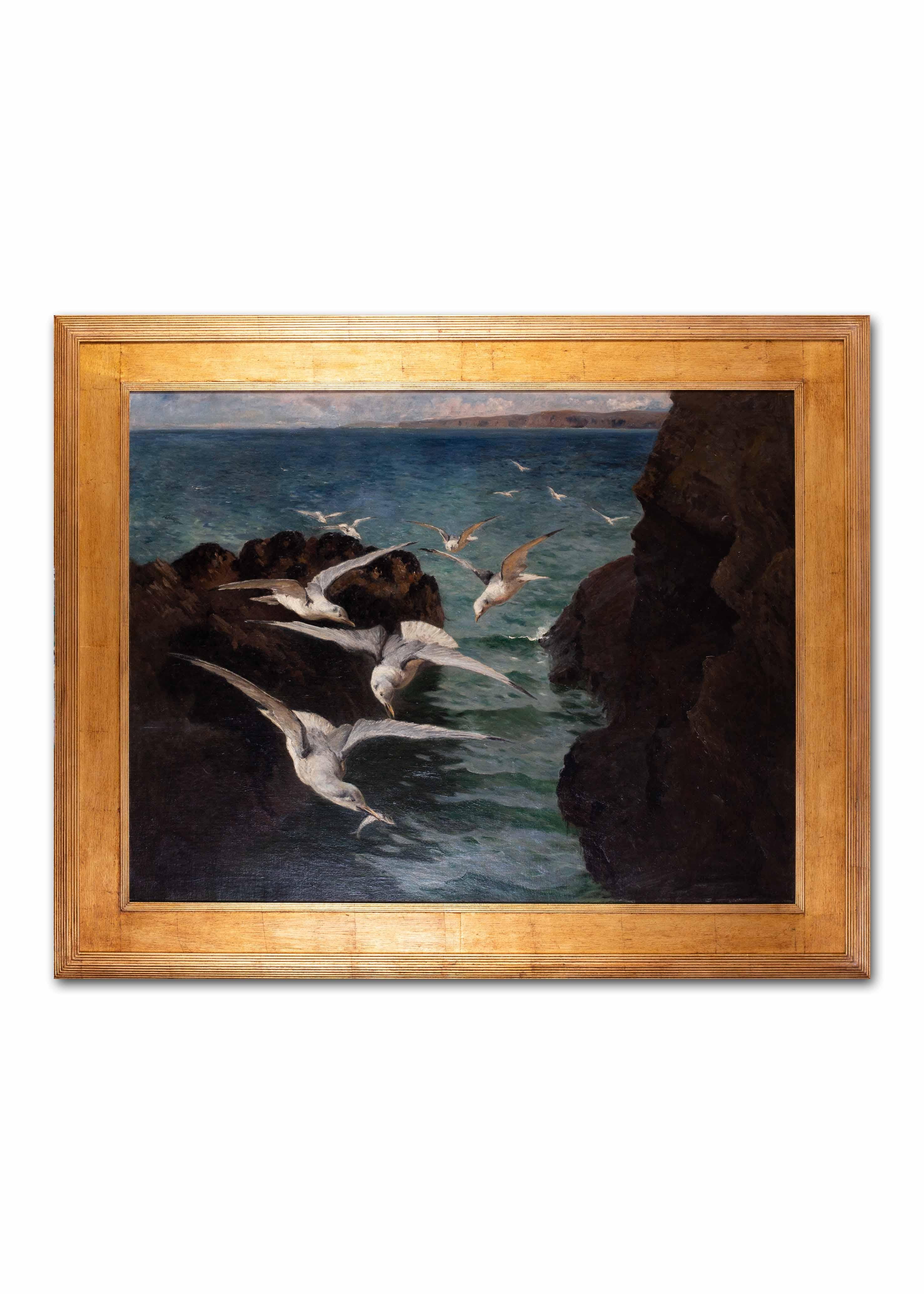 Large oil paintings of Gulls at St. Ives bay, Cornwall by British artist Titcomb - Black Landscape Painting by William Holt Yates Titcomb