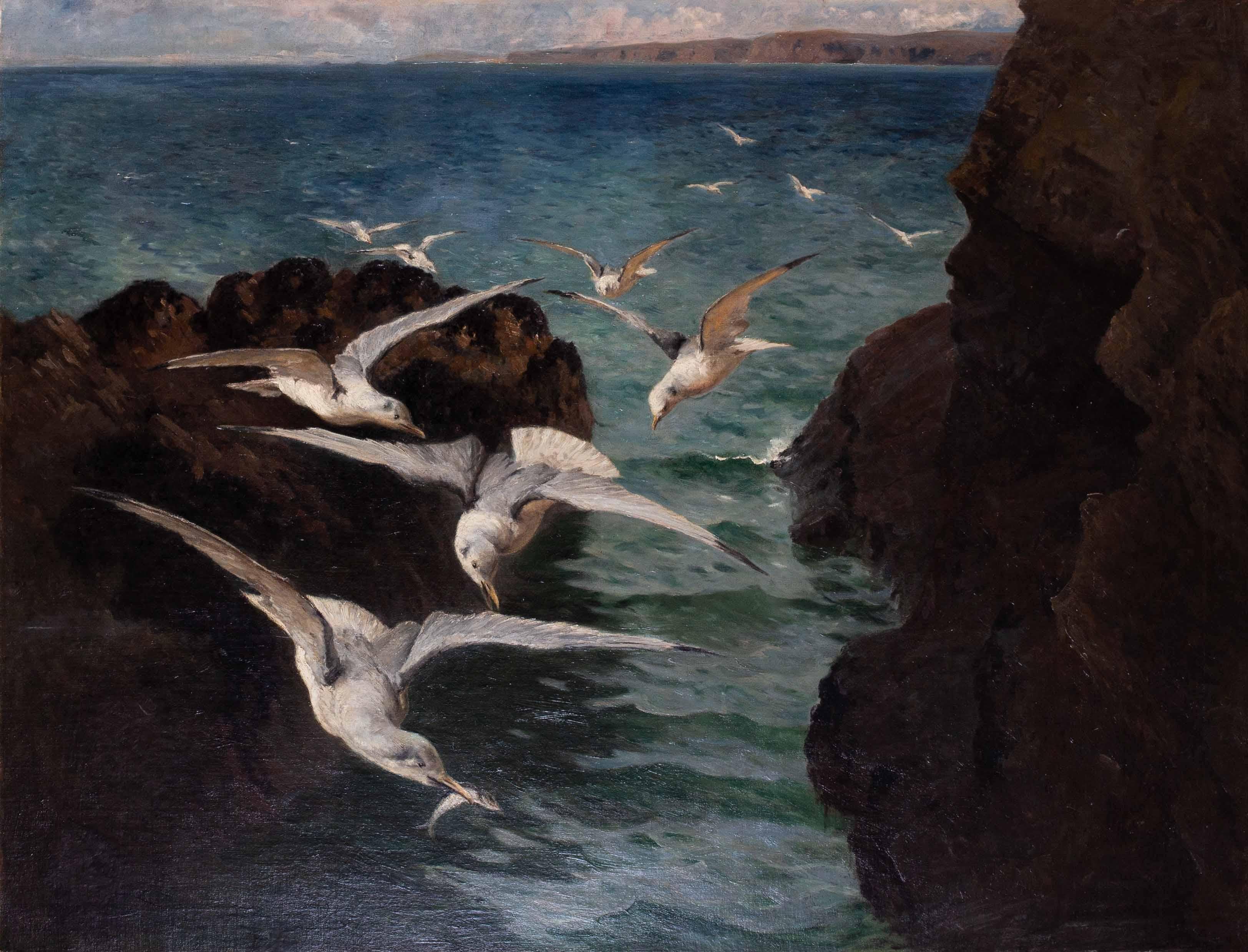 Große Ölgemälde von Gulls in der St. Ives Bay, Cornwall, des britischen Künstlers Titcomb (Akademisch), Painting, von William Holt Yates Titcomb