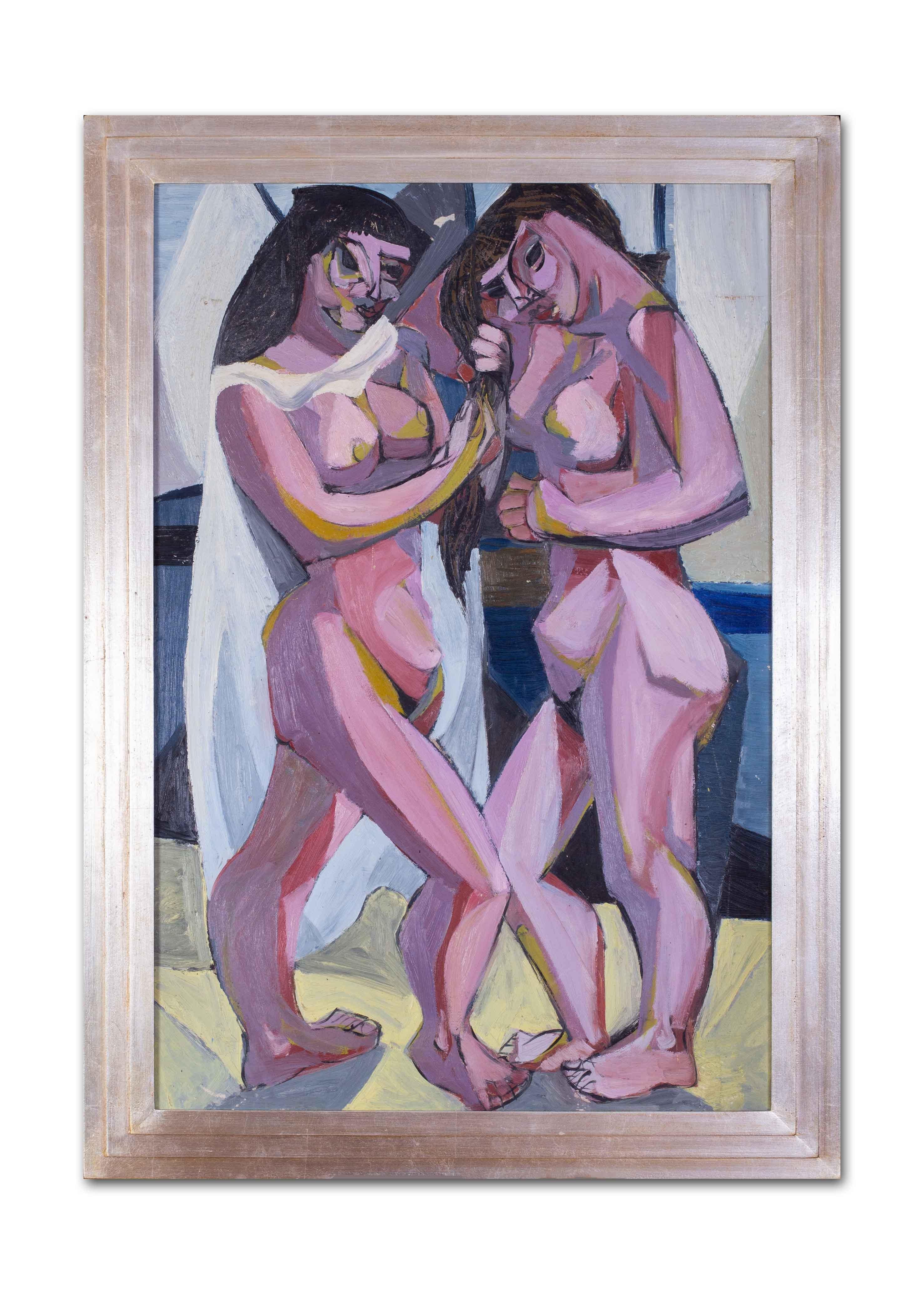 Une grande peinture à l'huile cubiste du 20e siècle représentant deux nus - Gris Figurative Painting par Jean Maurice Lasnier 
