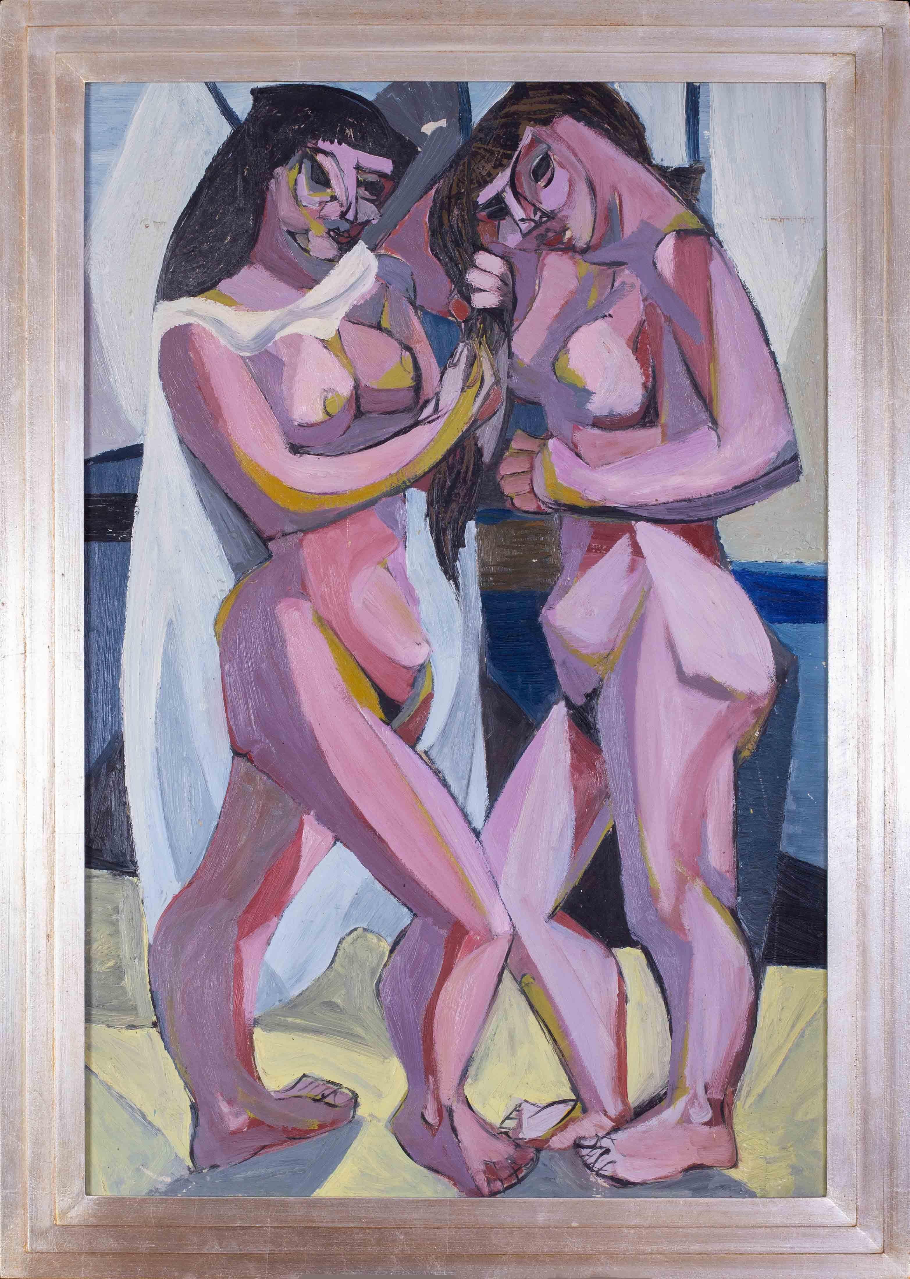 A large, Cubist 20th Century oil painting of two nudes