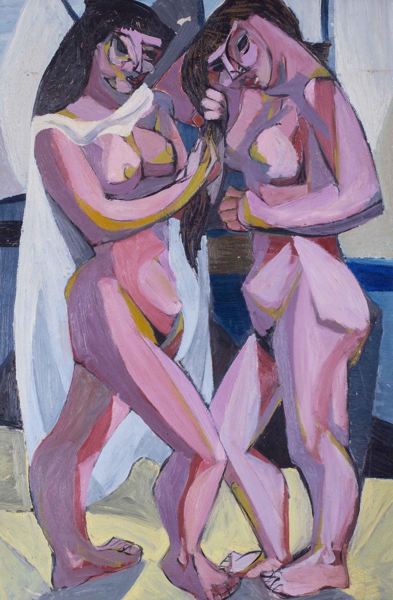 A large, Cubist 20th Century oil painting of two nudes For Sale 1