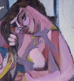 A large, Cubist 20th Century oil painting of two nudes
