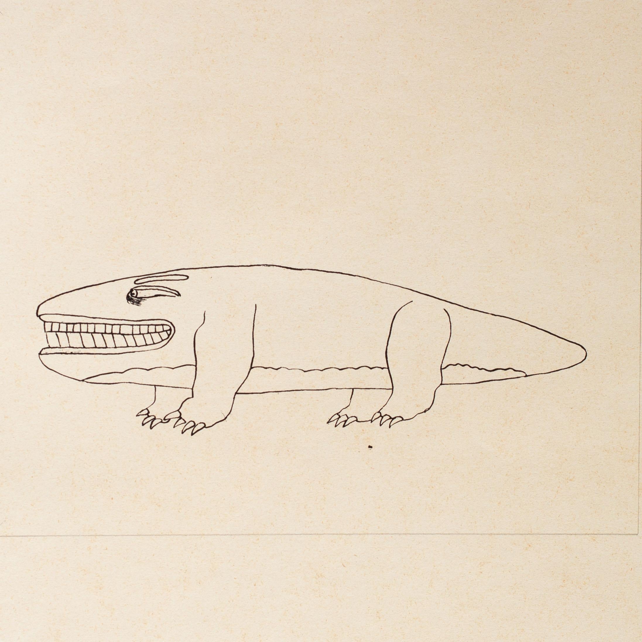 Heinz Edelmann (German, 1934 – 2009)
A smiling lizard beast
Pen on paper
Numbered ‘4’ (lower right under the mount)
8.1/2 x 10.1/8 in. (21.5 x 25.8 cm.) (to site edge)
Provenance: formerly in the possession of Rudiger Volhard, Clifford Chance