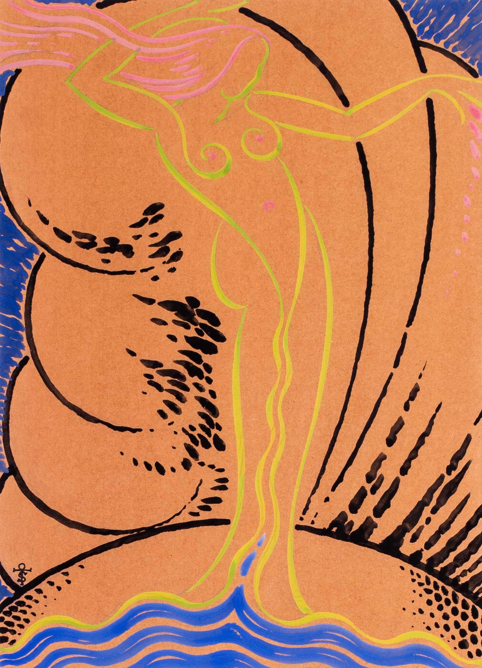 Art Deco nude drawing 'Venus a la Coquille', circle of Raoul Dufy - Orange Nude by Unknown