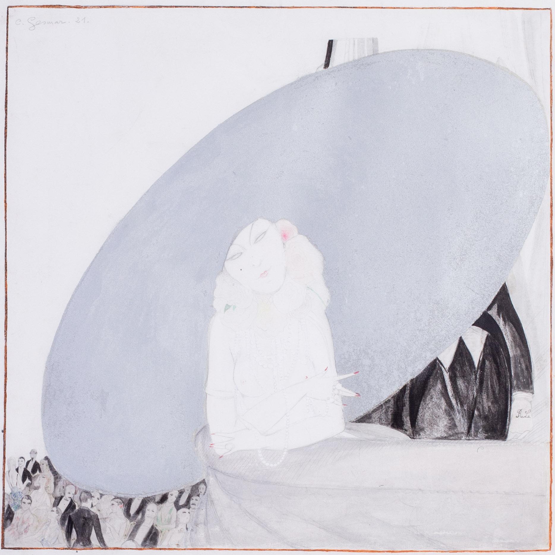 dessin original Art déco à la gouache et à l'encre de Jane Marnac dans un chapeau par Gesmar 1921 2