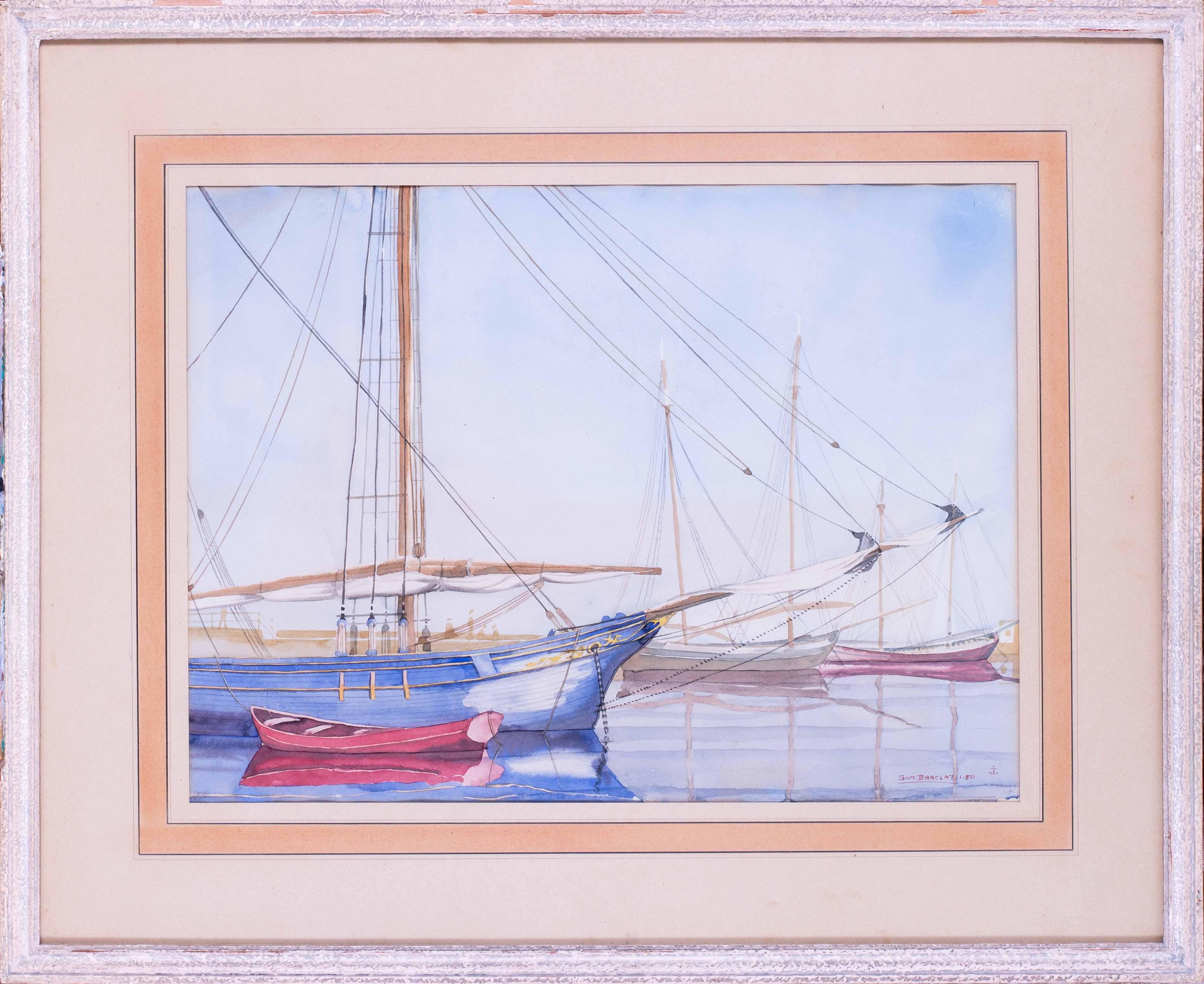 Sam Barclay Landscape Art - British 20th Century watercolour of sailing vessels in a harbour