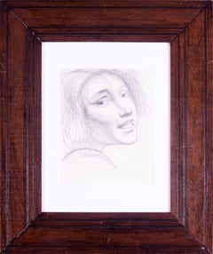 British 20th Century charcoal on paper drawing of a head study of a young girl