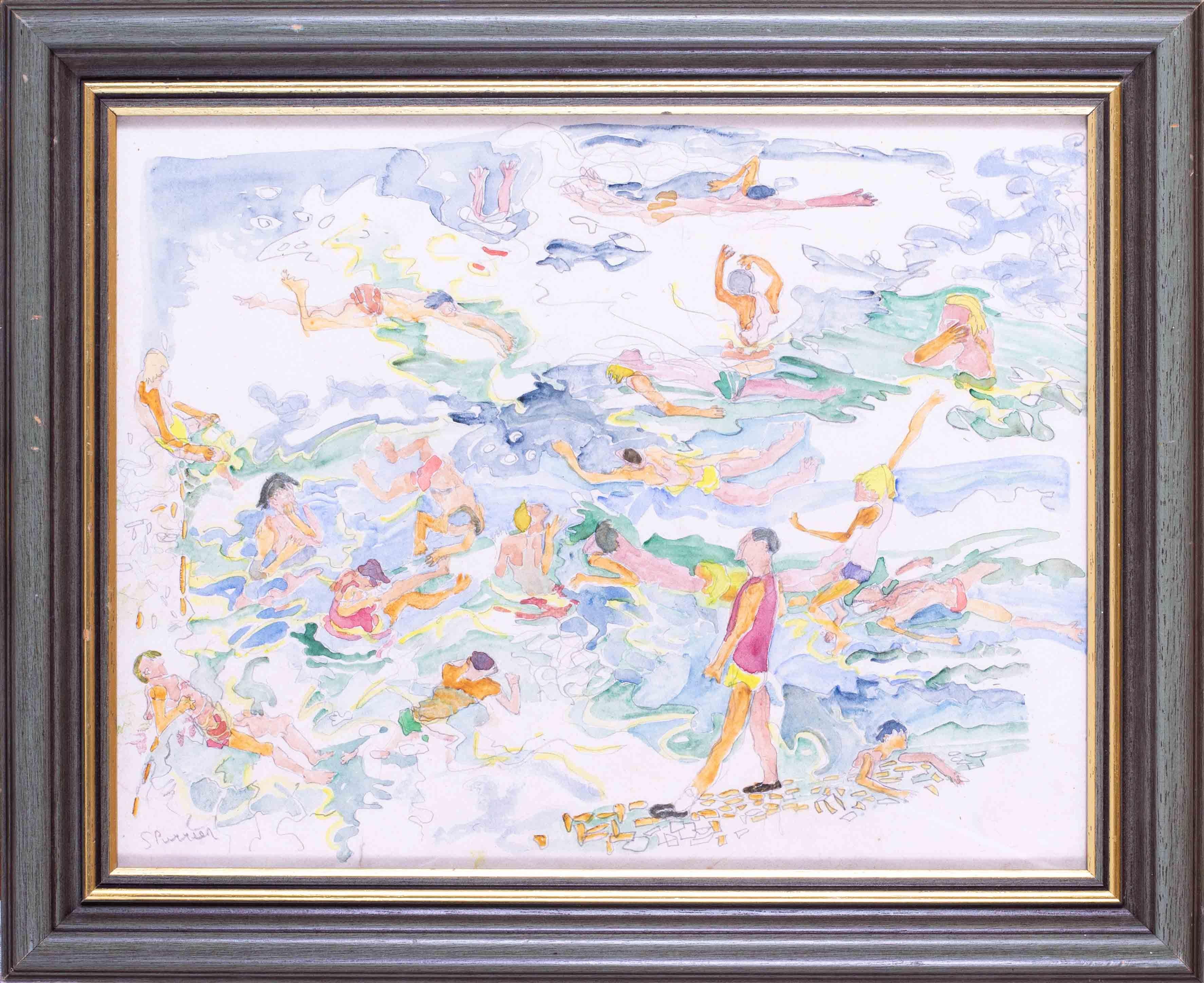 Steven Spurrier RA Figurative Art - British 20th Century watercolour drawing of figures having fun at the lido