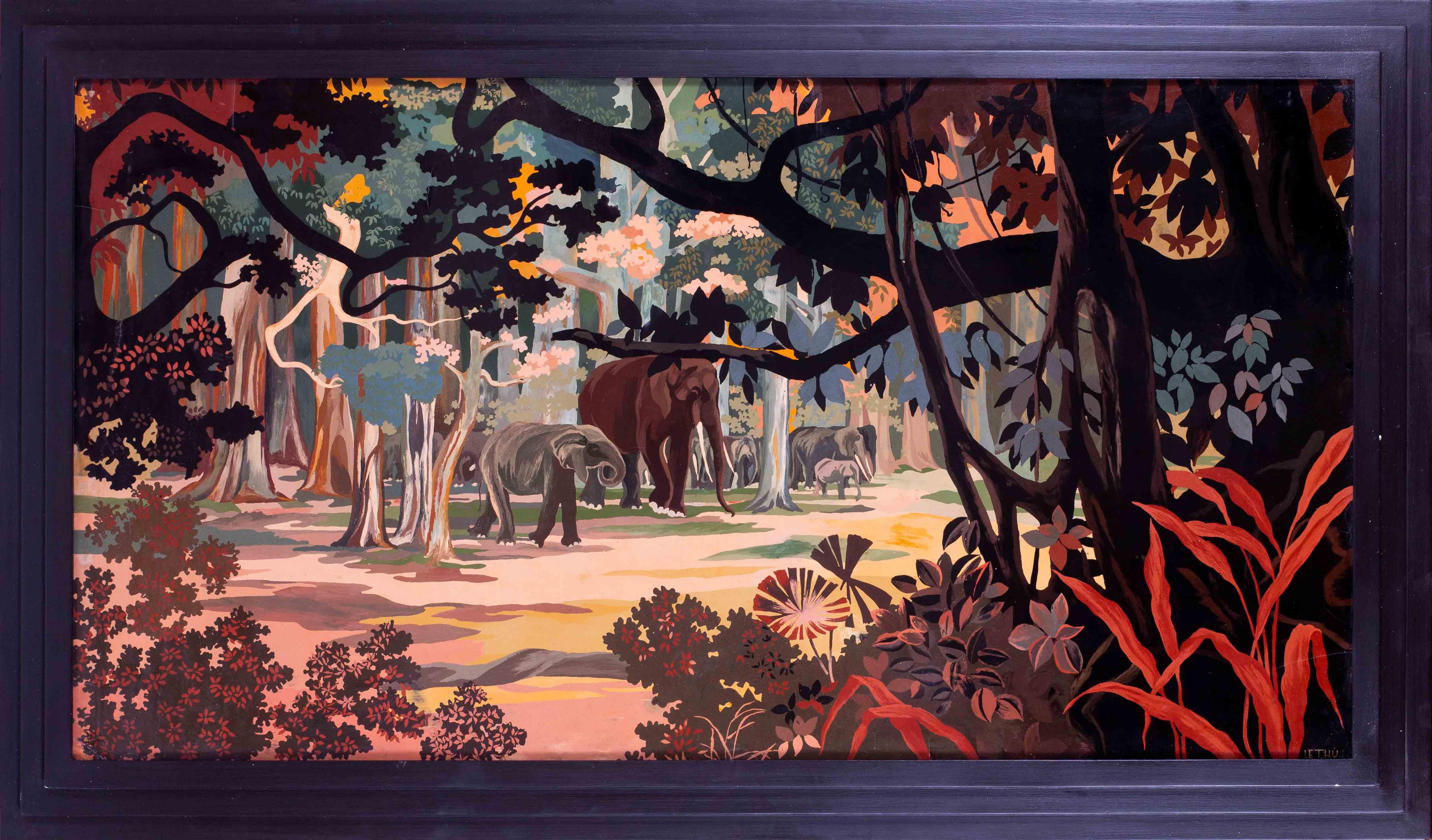 A large art deco lacquer panel of elephants in a forest, blacks, reds and browns - Art by Lê Thy