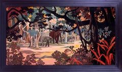 A large art deco lacquer panel of elephants in a forest, blacks, reds and browns