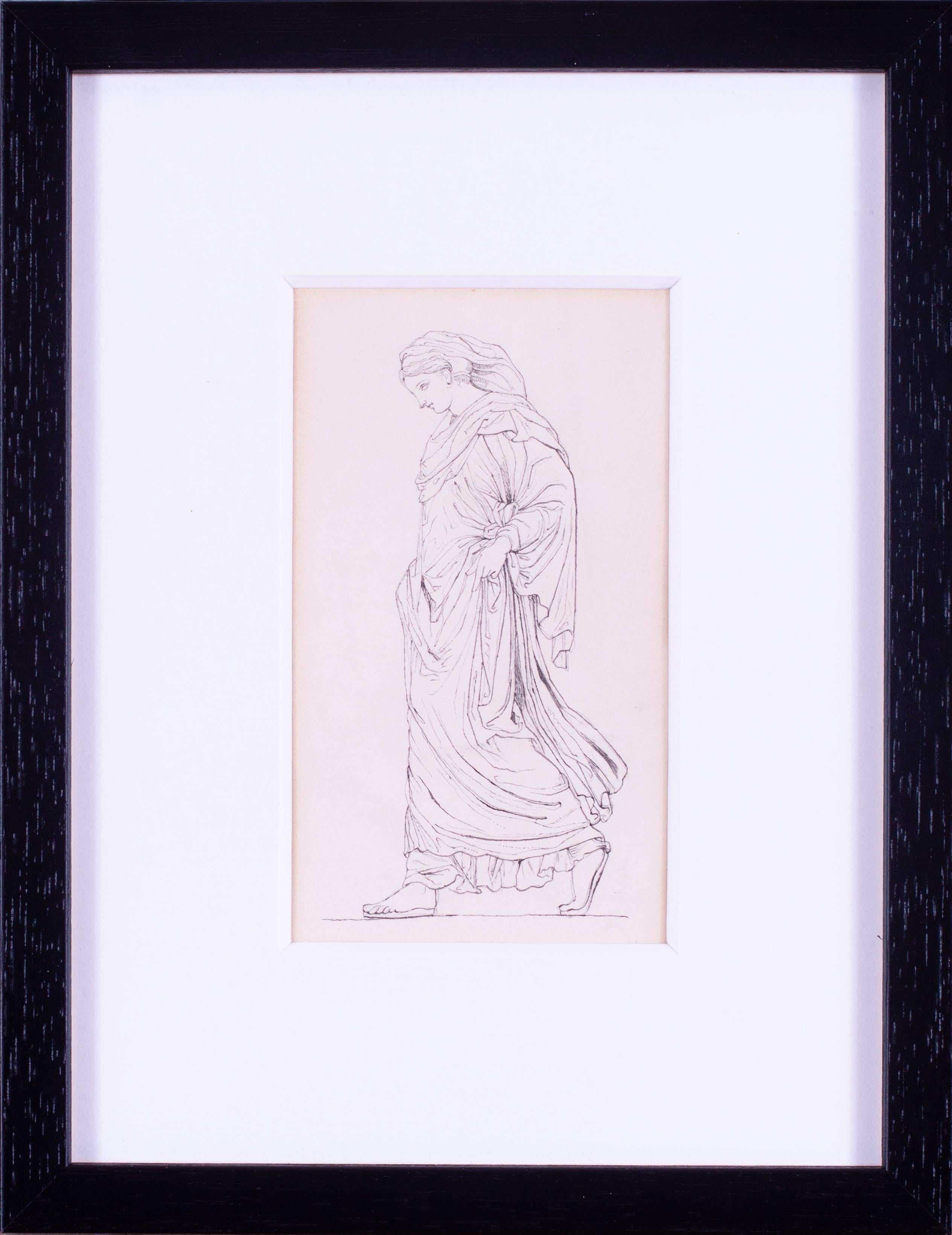 Attribué à John Flaxman (britannique, 1755- 1826)
Étude d'une jeune fille classique
Plume et encre sur papier
5.1/2 x 3.1/8 in. (14 x 8 cm.)