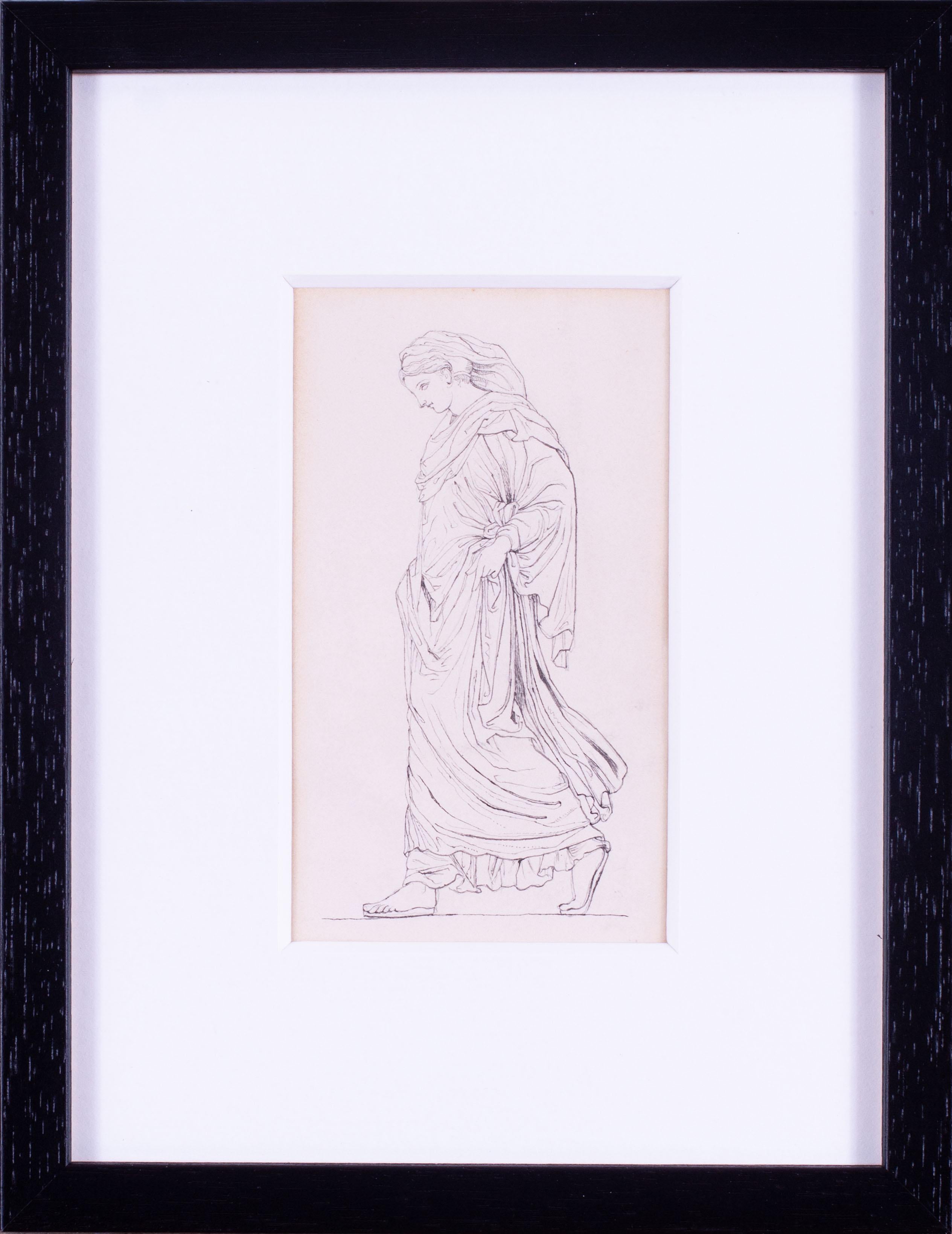 Dessin du 19e siècle attribué à John Flaxman représentant une jeune fille classique.