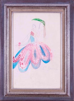 Art Deco watercolour study of a dancer with a parasol by Charles Gesmar