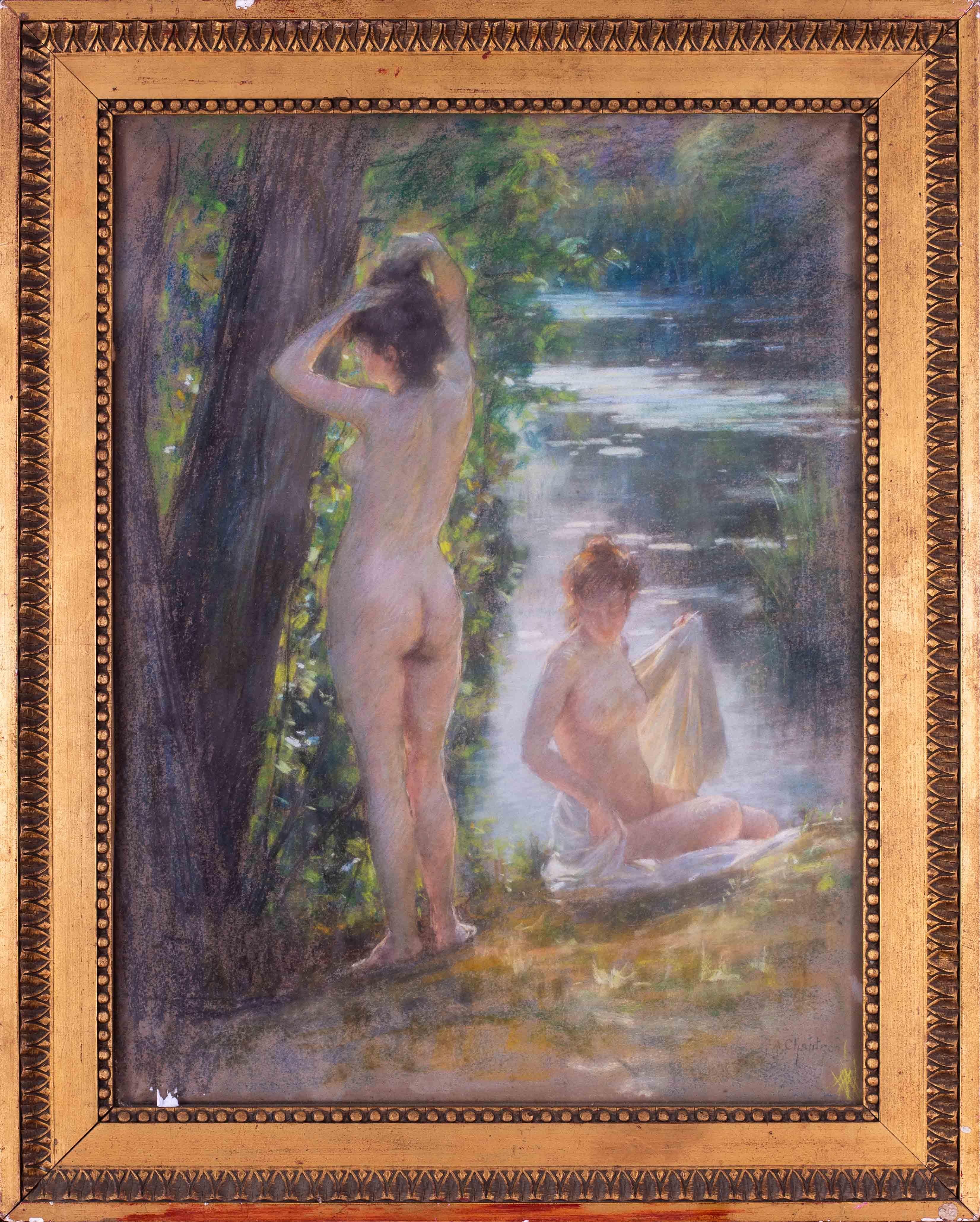 Late 19th Century pastel by Chantron of bathers by the side of a river