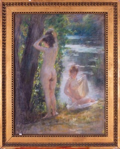 Late 19th Century pastel by Chantron of bathers by the side of a river