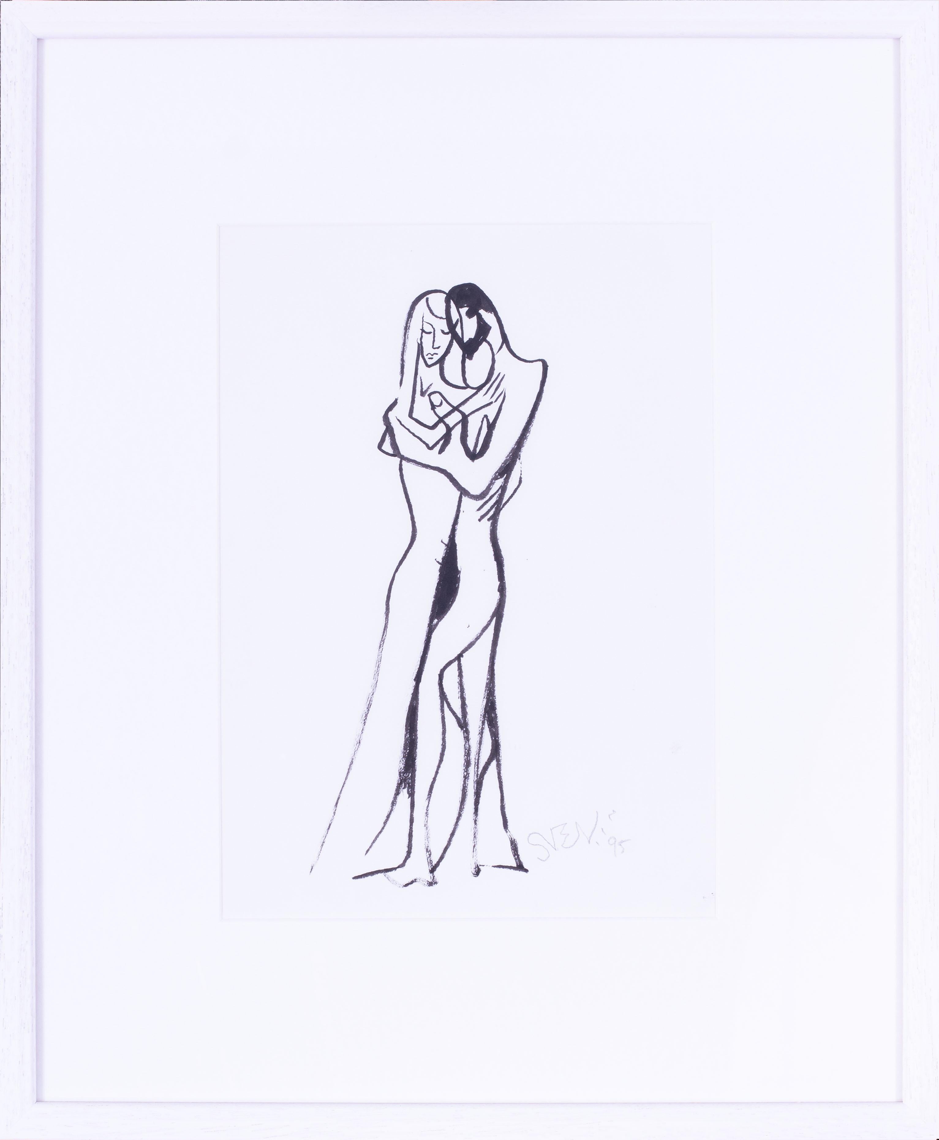 Mid Century St. Ives artist Sven Berlin 'A lover's embrace' pen and ink on paper