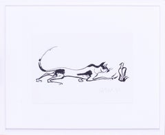 Sven Berlin drawing of Cat hunting a dove, pen, ink and body colour on paper