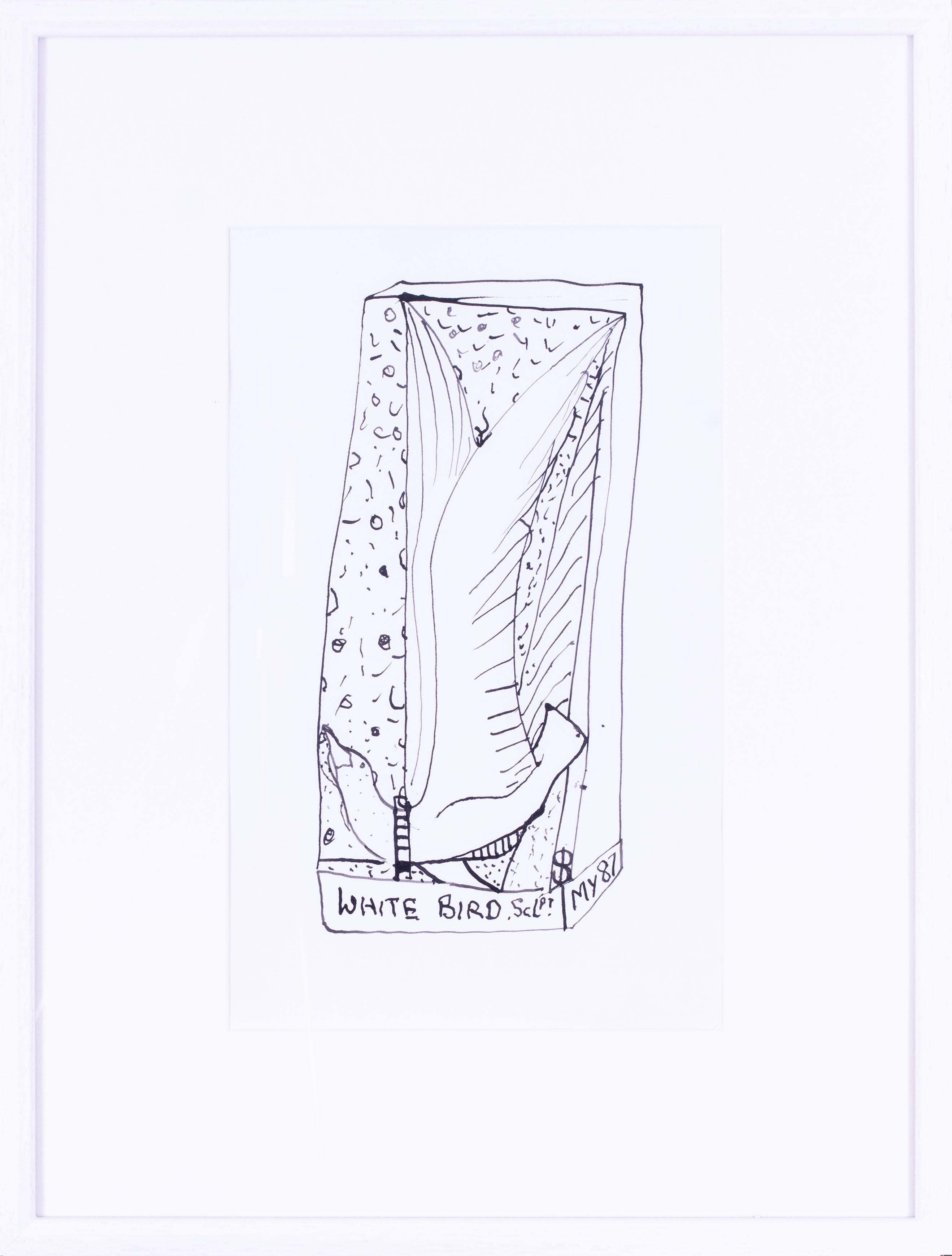 Cornish, St. Ives, Knstler Sven Berlin, Zeichnung Weier Vogel mit Feder und Tinte auf Papier