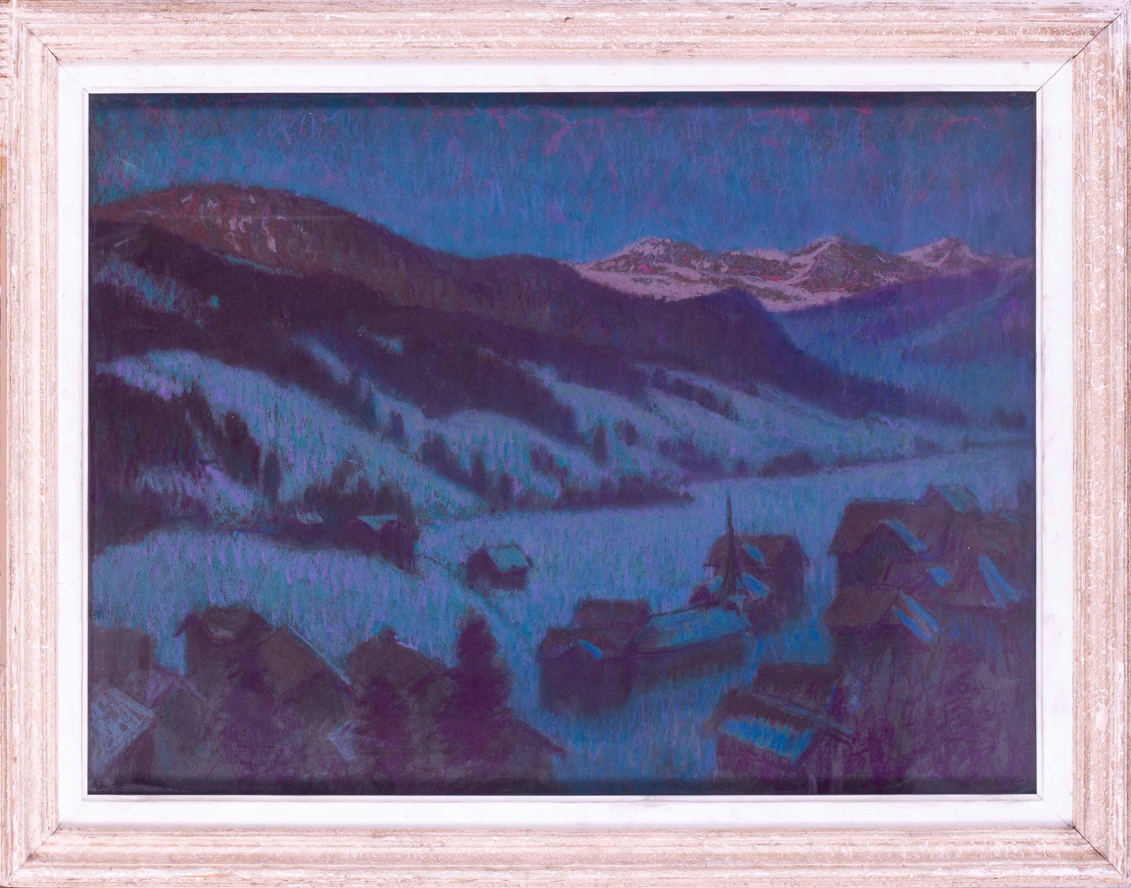 William Samuel Horton Landscape Art - American Impressionist mountain landscape of Gstaad in nighttime, pastel