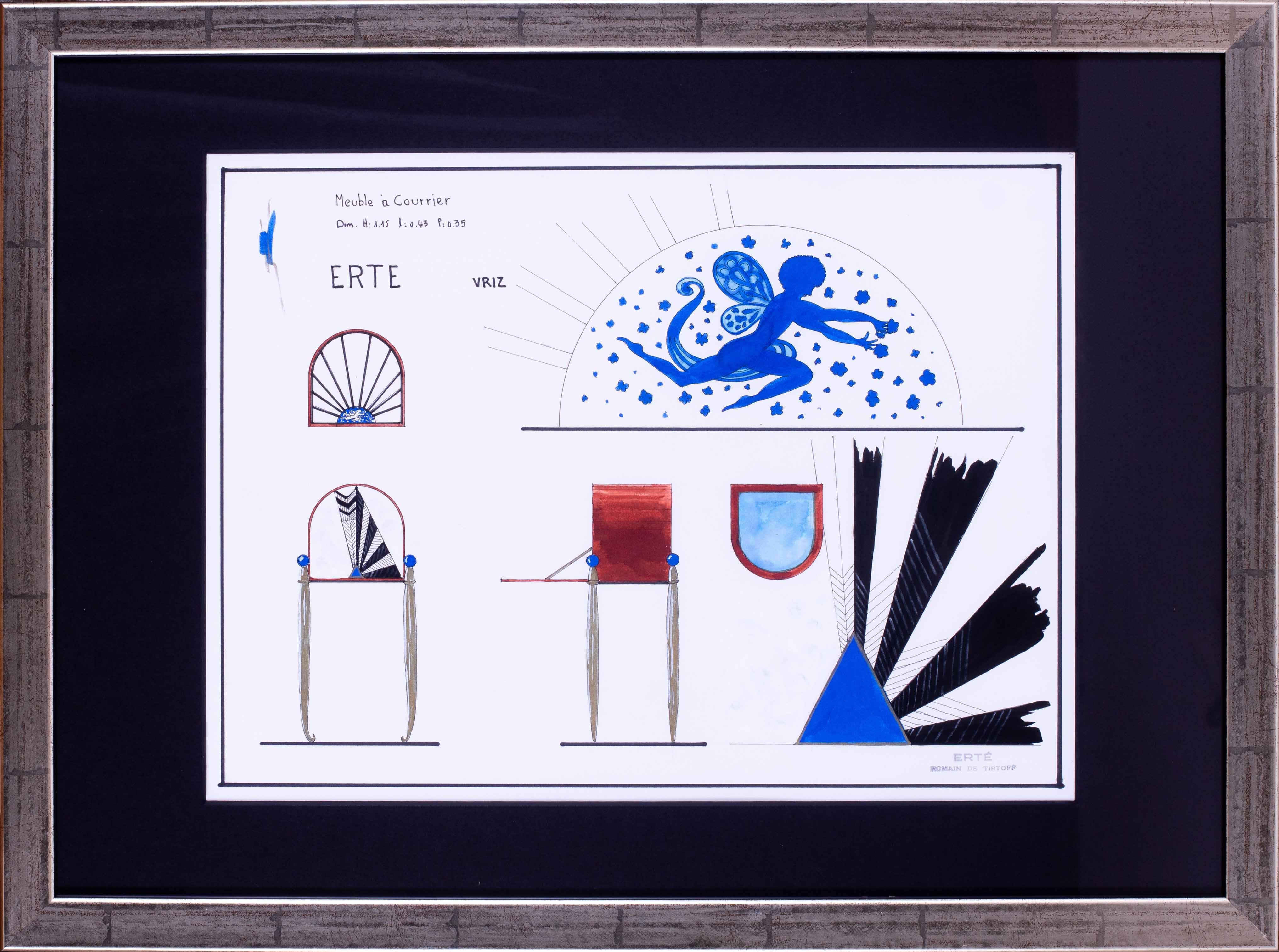 Erte original furniture art deco designs in ink, gold paint and watercolour