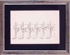 Disegno a inchiostro di Erte di una donna in costume art déco che scrive "Bellezza", firmato