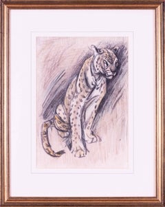 British 20th Century Charcoal and crayon drawing of a seated leopard