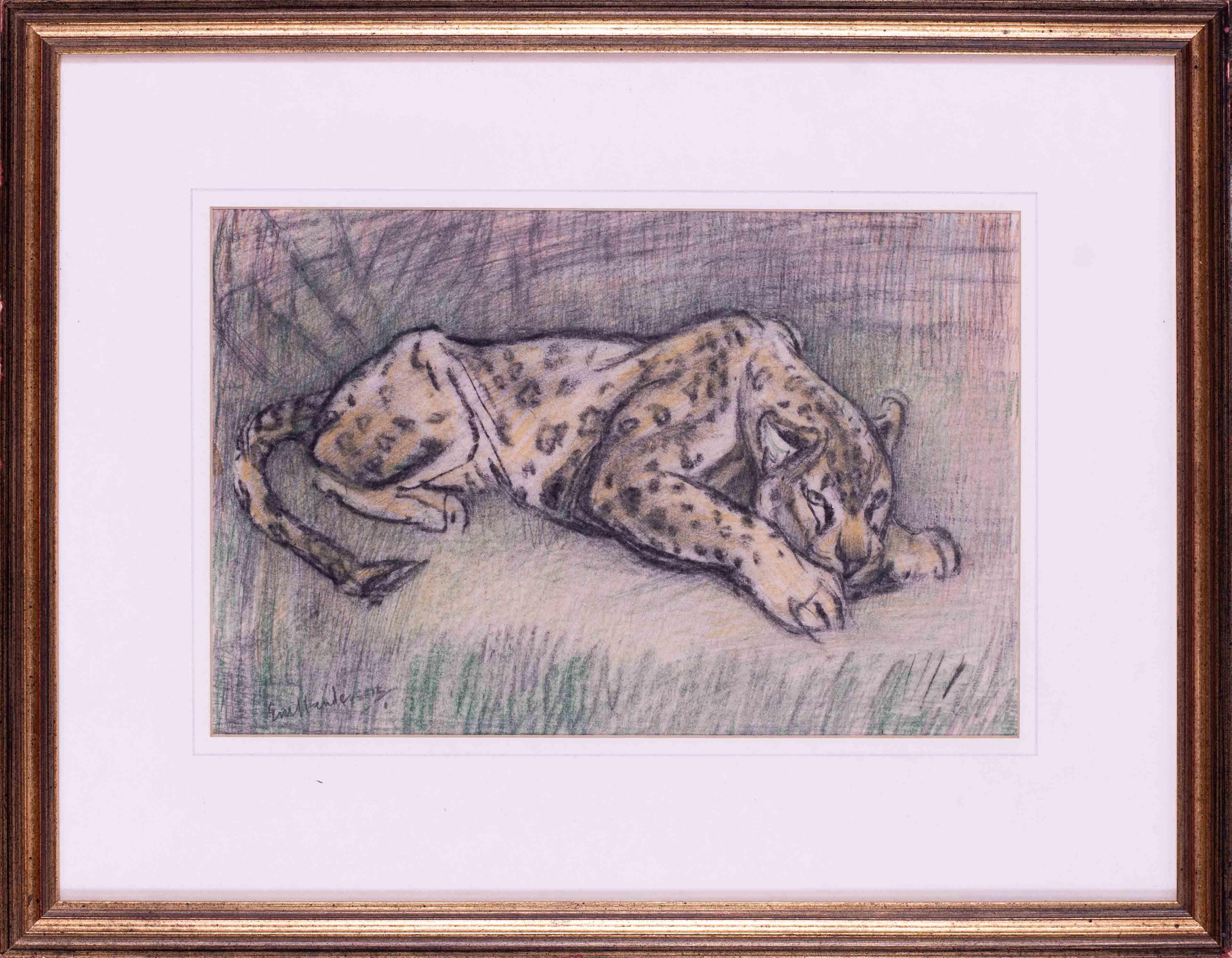 Crouching-Leopardenzeichnung der britischen Künstlerin Elsie Marian Henderson aus dem 20. Jahrhundert