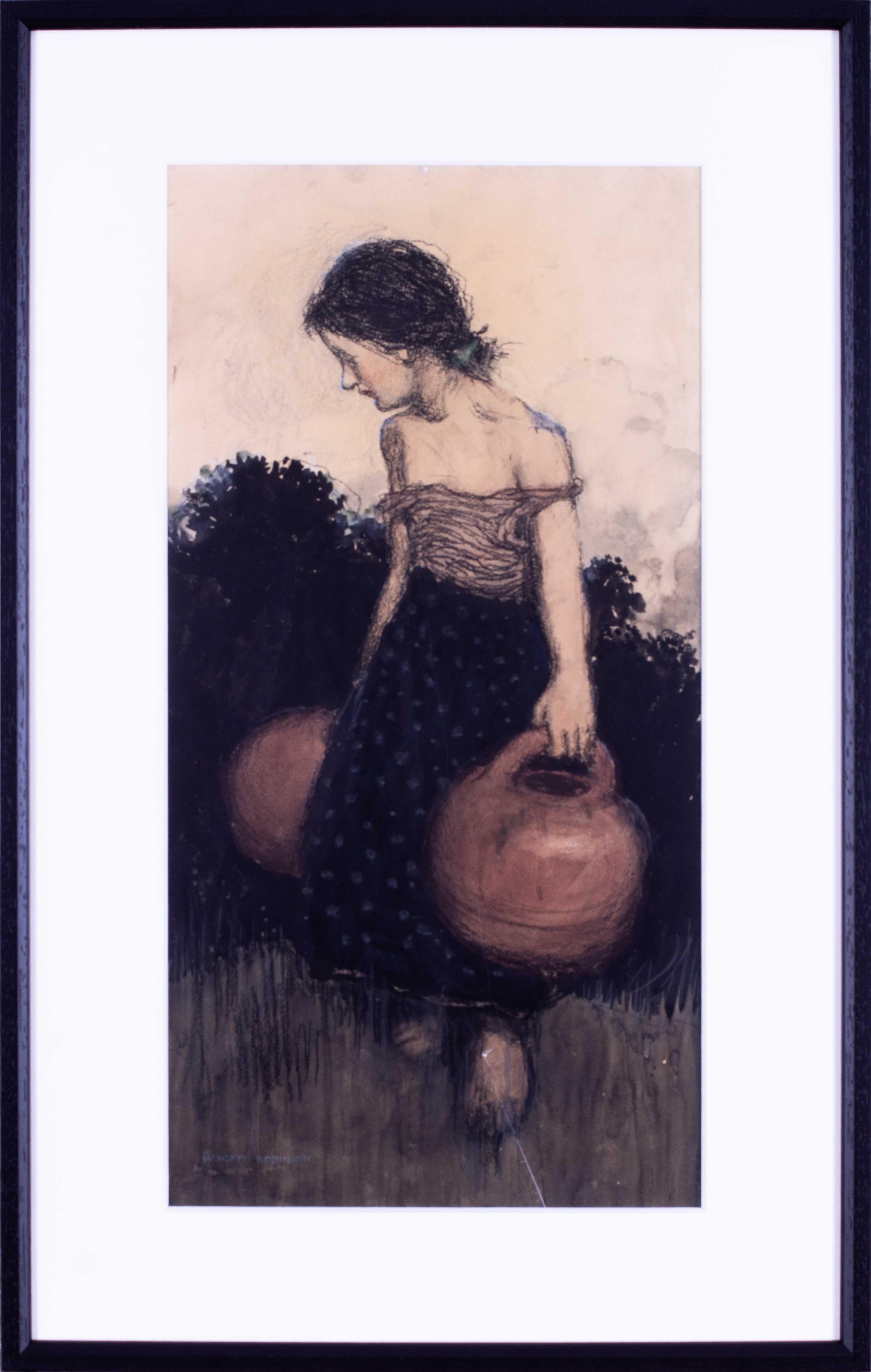 William Heath Robinson Figurative Art - Early 20th Century watercolour of a girl carrying water by Heath Robinson