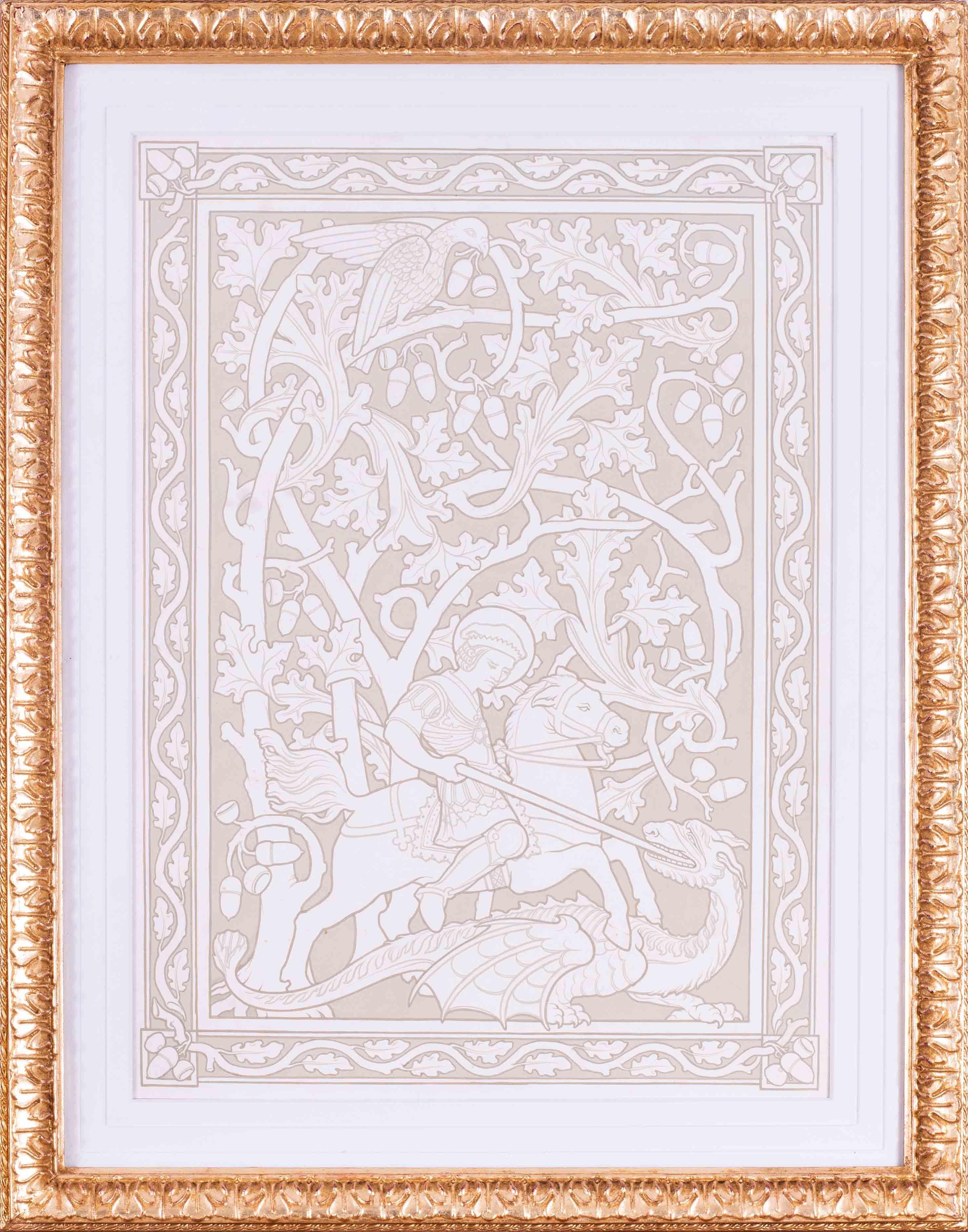 Edward Ridley (britannique, 1883-1946)
Saint-Georges et le dragon
Gouache
27 x 19.1/4 in. (68.7 x 48.8 cm.)
Ce dessin, inspiré d'un vitrail du XIVe siècle, a été accepté pour l'obtention d'un certificat AMC lorsqu'il avait 23 ans, en 1906, à South
