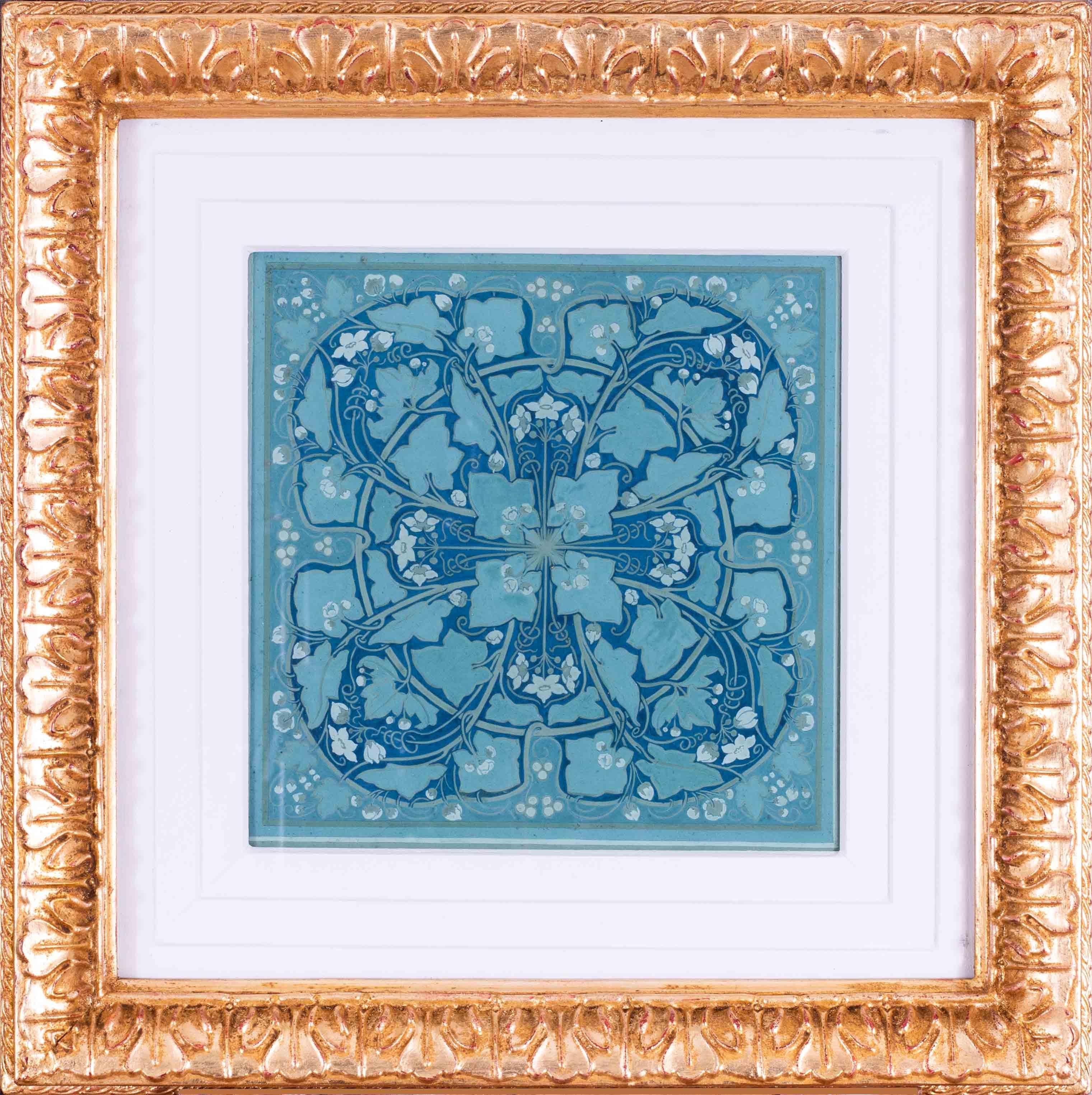 Un diseño cuadriculado con hiedra en flor, azul verdoso británico de principios del siglo XX