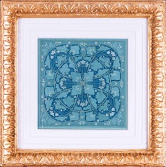 A squared design featuring ivy in blossom, blue green early 20th century British