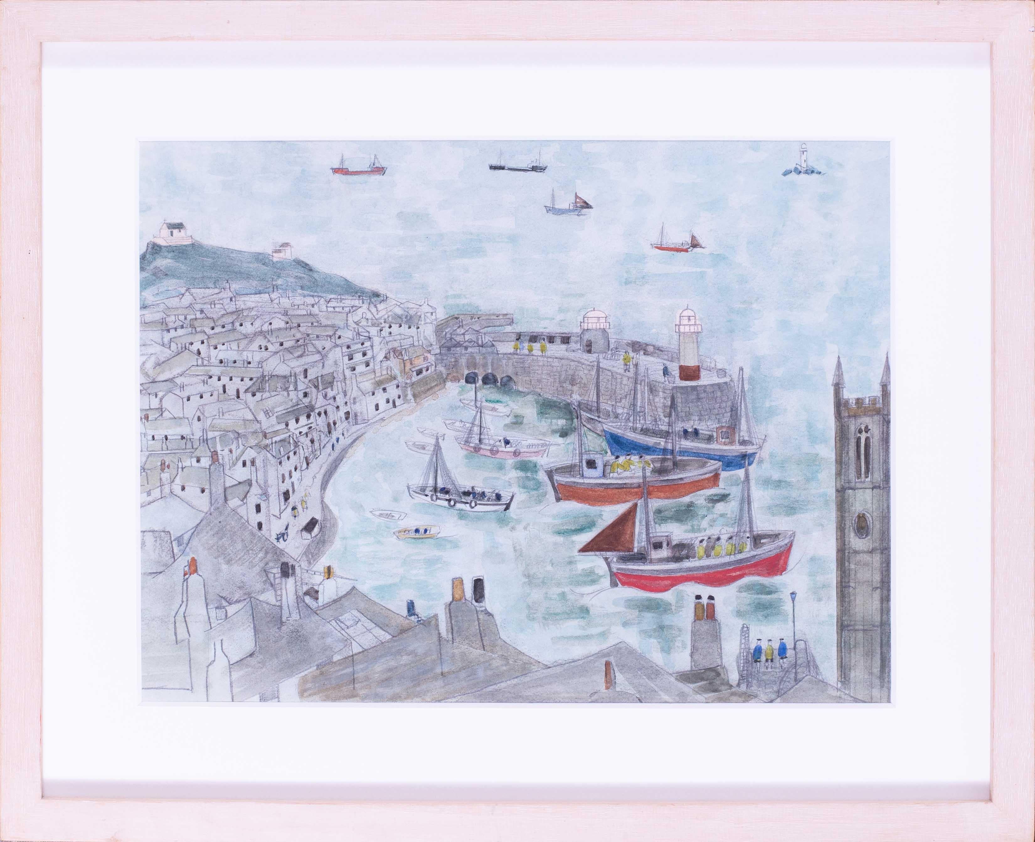 Anne Harriet Sefton Fish Landscape Art – St. Ives-Schule, britische Fischerboote des 20. Jahrhunderts, die den Hafen von St. Ives verlassen